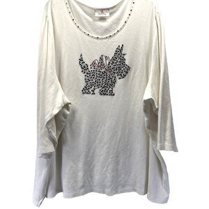 Quacker Factory Women's Top Size 3X White Black Beaded Scotty Dog 3/4‎ Sleeve